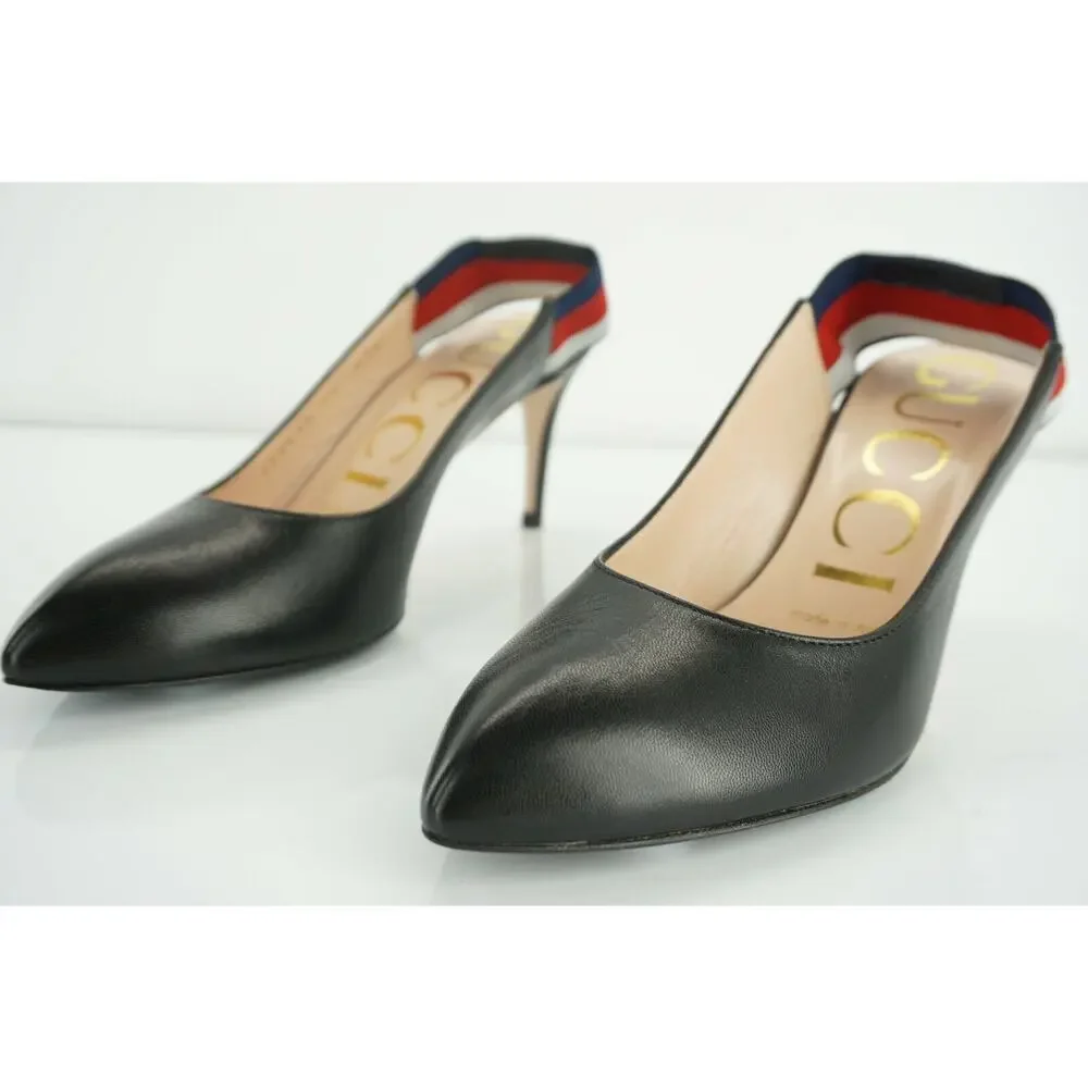Gucci Sylvie Black Leather Web Strap Pointed Toe Slingback Pumps Size 35 $695